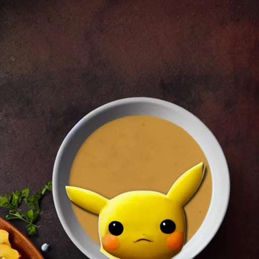 Image similar to hyperrealistic photo of a bowl of soup made of pikachu shaped pasta