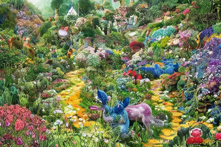 Image similar to outrageous flower garden next to a lush forest on a hill with tiny paths weaving everywhere and littl signposts marking the directions along the way, epic, beautiful light, highly detailed by beatrix potter, brian froud, amy brown, lisa frank