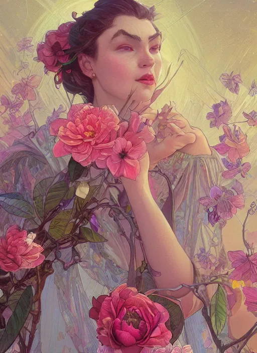 Prompt: Gardenia flowers, colorful, Grimes, psychedelic, intricate, elegant, highly detailed, digital painting, artstation, concept art, smooth, sharp focus, illustration, art by artgerm and greg rutkowski and alphonse mucha