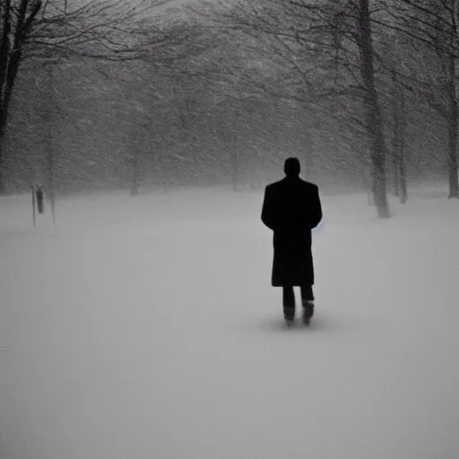 Image similar to eerie photograph of a man sleepwalking during a blizzard, 6 0 mm film