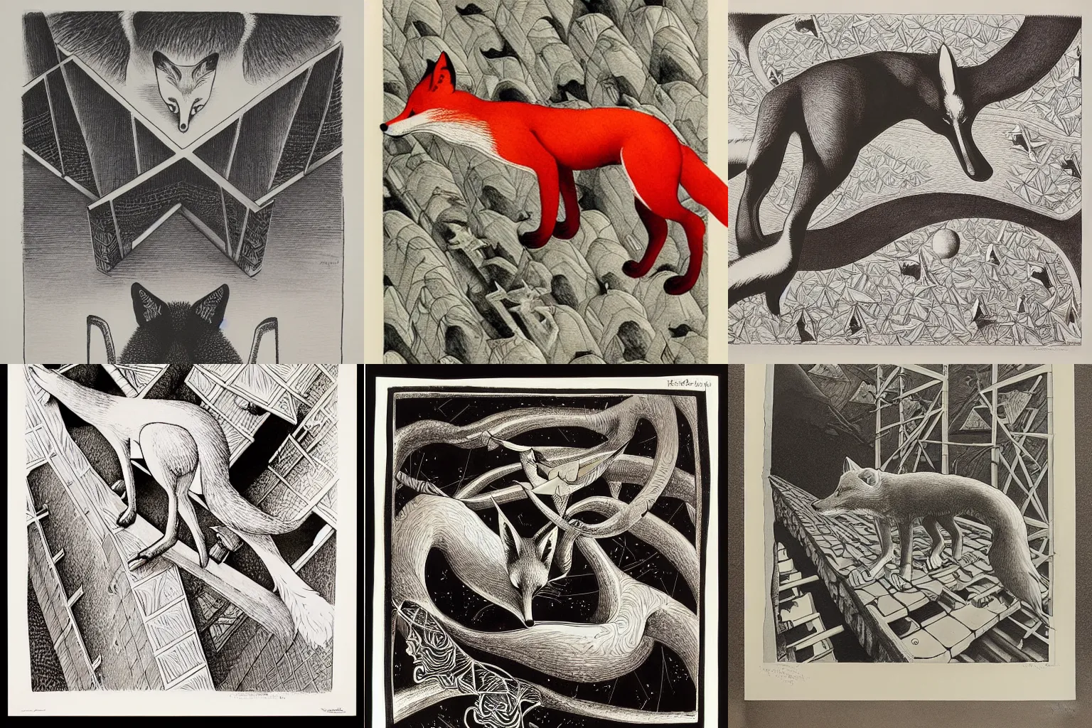 Image similar to the fox was the most canny of creatures, lithograph, watercolors, ink, m.c. escher, moebius