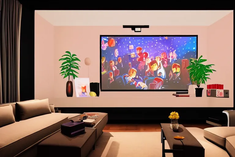 Prompt: very wide view of a modern home movie theater with giant projector screen!!, detailed art deco decoration!!, wall lights, plant, popcorn machine, watercolor painting trending on artstation