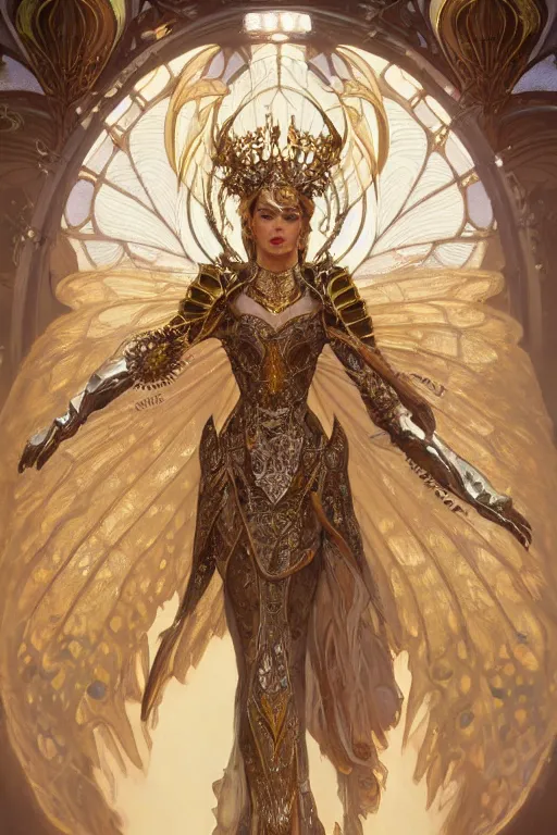 Image similar to full body portrait of a queen wearing white armor with ornate bronze and gold, white gossamer wings, art nouveau, profile, 4K, character concept art, oil painting, trending in artstation, cgsociety, by nekro, Alphonse Mucha, Brom, Artgerm