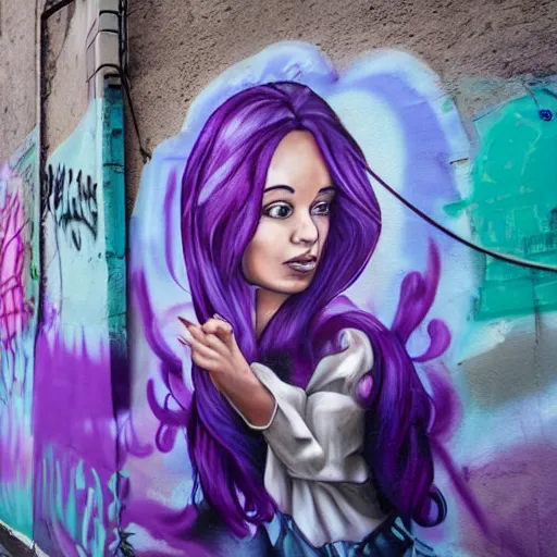 Prompt: a beautiful!! woman with purple hair in front of a spray painted murals in an alley in france