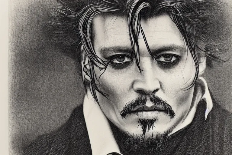 Prompt: An engraved portrait of Johnny Depp , detailed!!! copper-plate engraving, fine!!! lines, Bureau of Engraving and Printing