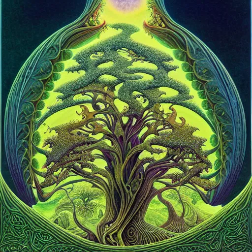 Image similar to sacred mulberry tree by roger dean and andrew ferez, art forms of nature by ernst haeckel, divine chaos engine, symbolist, visionary, art nouveau, botanical fractal structures, tree of life, lightning bolts, detailed, realistic, surreality