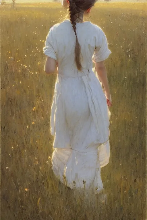 Prompt: brunette girl, pigtail braids, white summer dress, back view, walking in high grass, golden hour, jeremy lipking, joseph todorovitch, jules bastien le - page