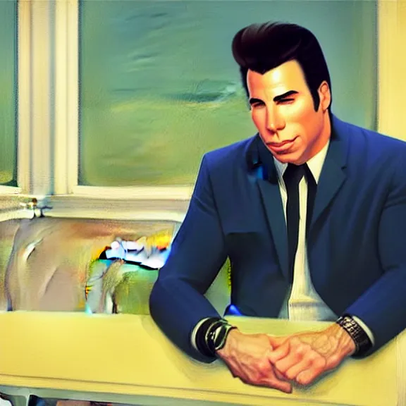 Image similar to beautiful illustration of John Travolta by Edward Hopper, clean lines, very detailed, colorful octane render