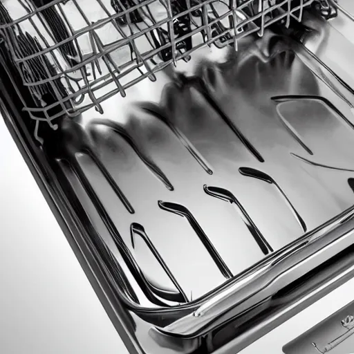 Prompt: open dishwasher with iron skillet inside, high quality 4k resolution