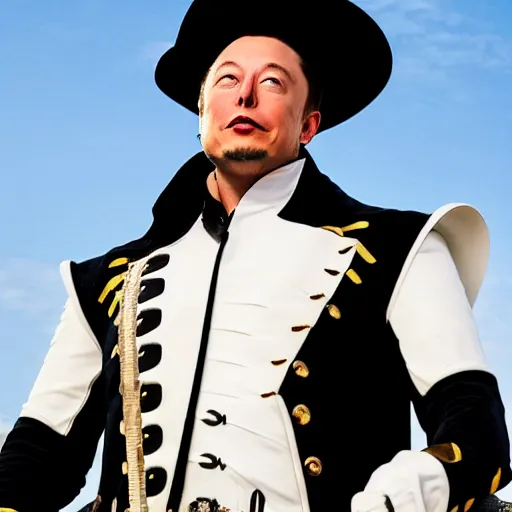 Image similar to photo of elon musk in the shape of a musketeer, he has a big black hat and holds a shiny rapier sword