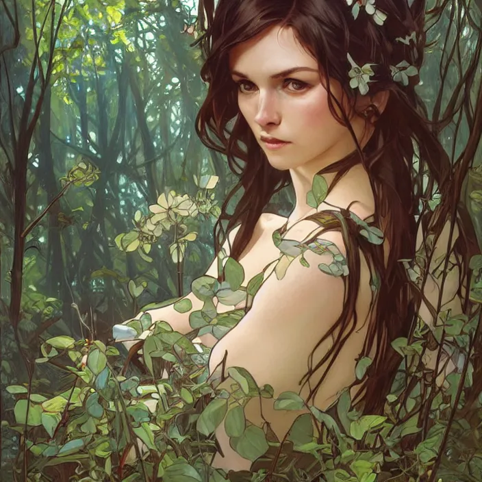 Prompt: lena oxton in a forest by artgerm, greg rutkowski, alphonse mucha