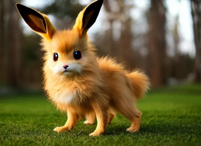 Image similar to real life pokemon eevee, adorable, fluffly, ultra realistic, golden hour, sharp focus