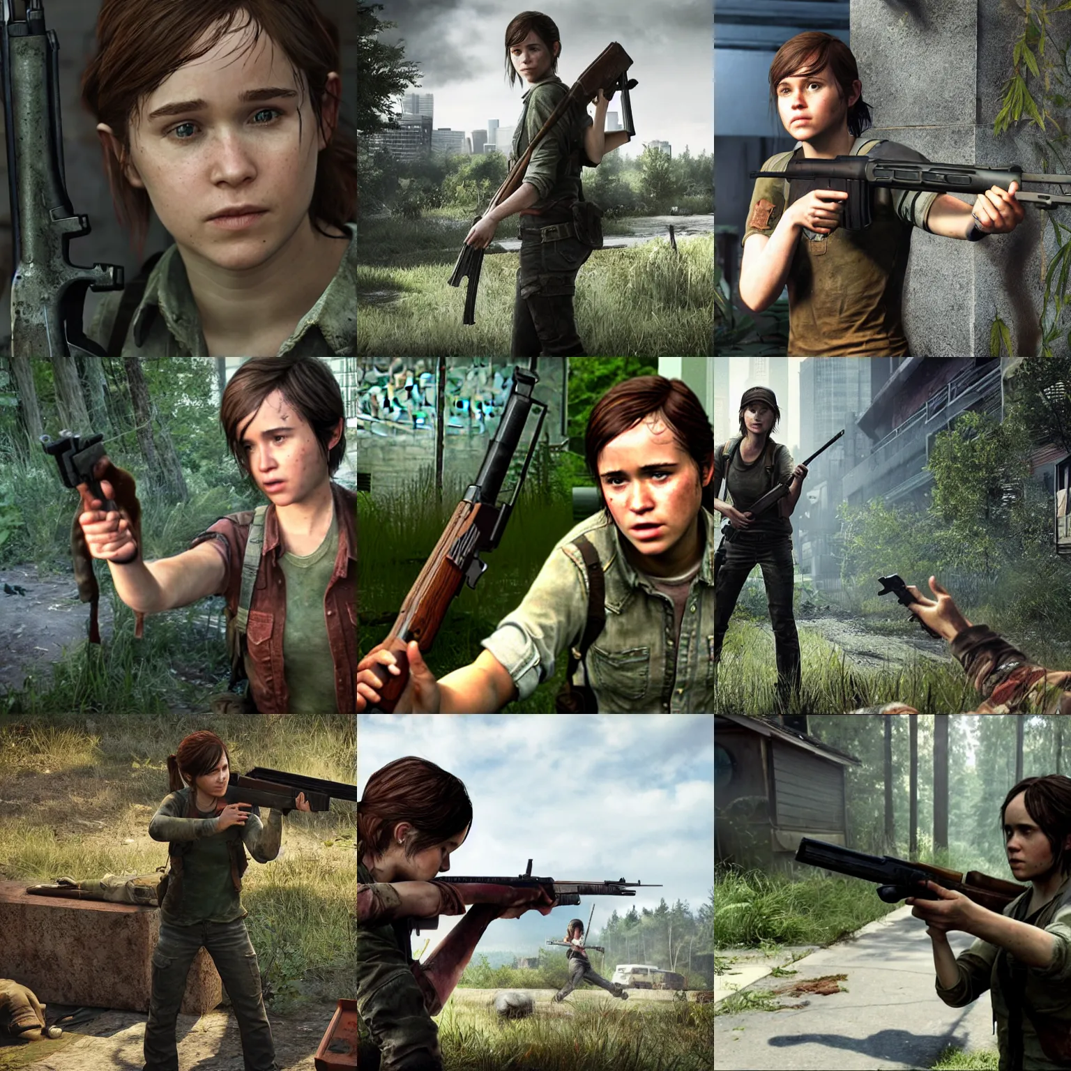Prompt: Ellen Page as Ellie from the Last of Us, holding a rifle, screenshot