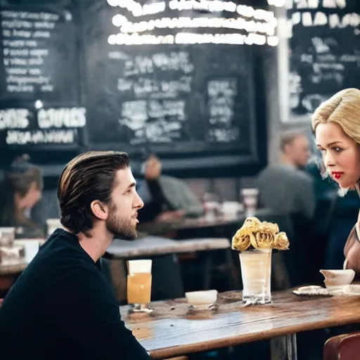 Image similar to a tall guy with dark blond hair bun dating a blond girl in an old restaurant, Gilmore girls aesthetic, realistic, beautiful lighting