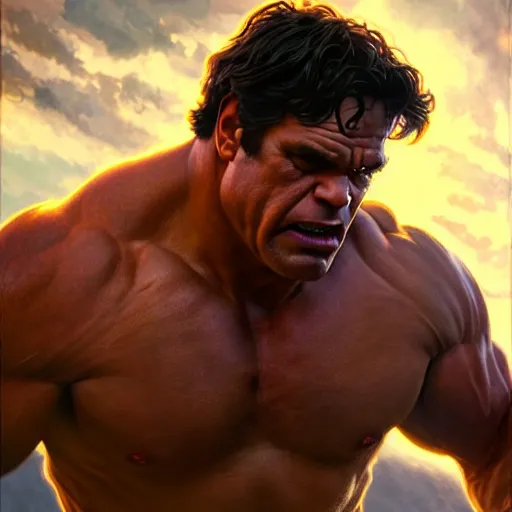 Image similar to mark ruffalo the hulk flexing his muscles, cinematic volumetric lighting f 8 aperture cinematic eastman 5 3 8 4 film photorealistic by greg rutkowski by stanley artgerm by alphonse mucha