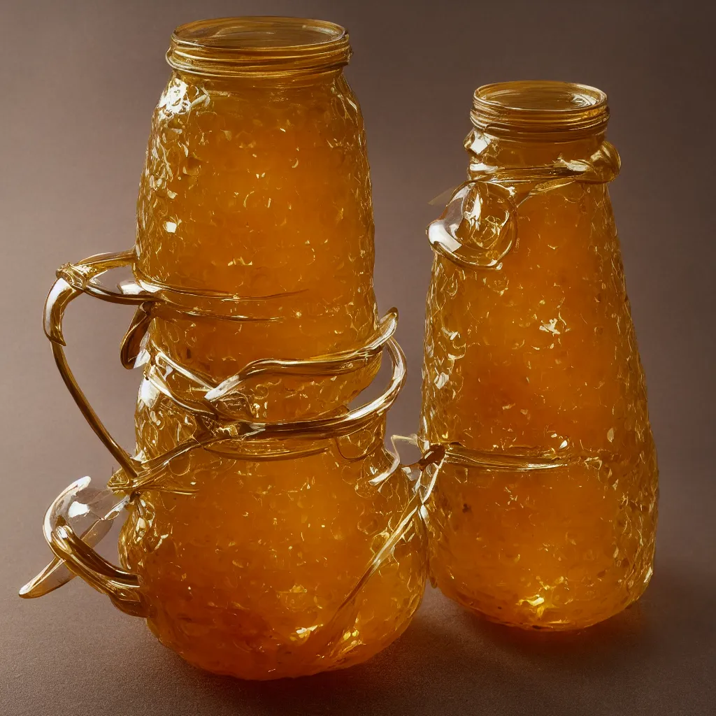 Prompt: klein bottle honey jar, product photography, beautiful studio photography, golden glowing honey