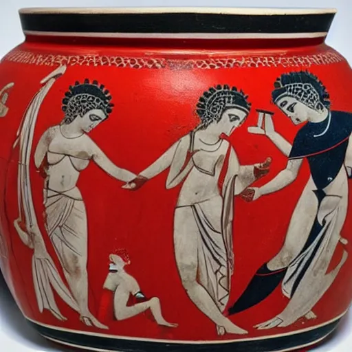 Image similar to red and black greek pottery showing hera scolding aphrodite and artemis for posting divine secrets on twitter