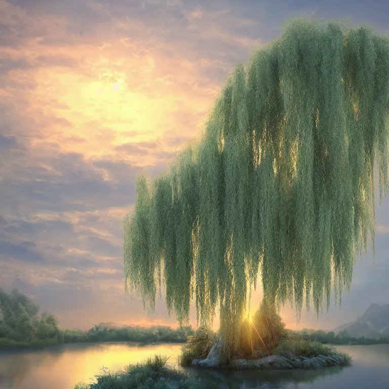 Image similar to featured on artstation majestic willow tree overlooking swirling river at sunset, beautiful image stylized digital art