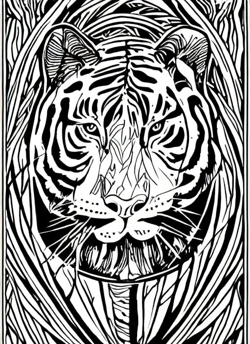 Image similar to wild tiger, black and white illustration, art nouveau, highly detailed, clean line art, tarot card style