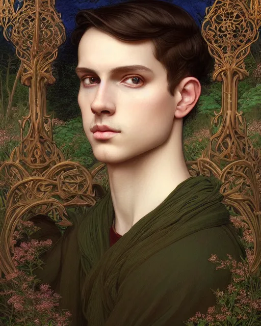 Image similar to symmetry portrait of welsh brunette fully clothed princess disguised as a young man, short hair, renaissance, forest background, intricate, elegant, highly detailed, digital painting, artstation, concept art, smooth, sharp focus, illustration, art by artgerm and greg rutkowski and fra angelico and alphons mucha