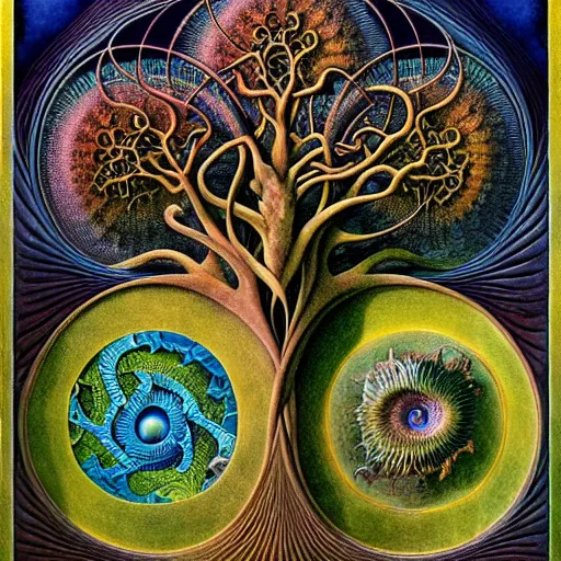 Prompt: divine chaos engine by roger dean and andrew ferez, art forms of nature by ernst haeckel, tree of life, symbolist, visionary, art nouveau, botanical organic fractal structures, surreality, detailed, realistic, deep rich moody colors
