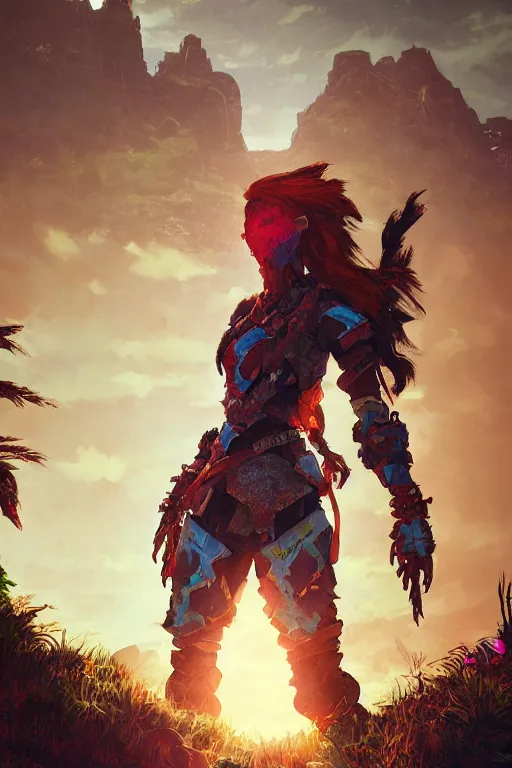 Image similar to combination suit armor aloy horizon forbidden west horizon zero dawn radiating a glowing aura global illumination ray tracing hdr fanart arstation by ian pesty and alena aenami artworks in 4 k tribal robot ninja mask helmet backpack