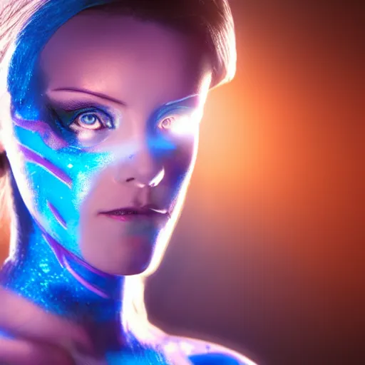 Image similar to an attractive cyborg female clone with laser eyes and full body paint, cinematic lighting