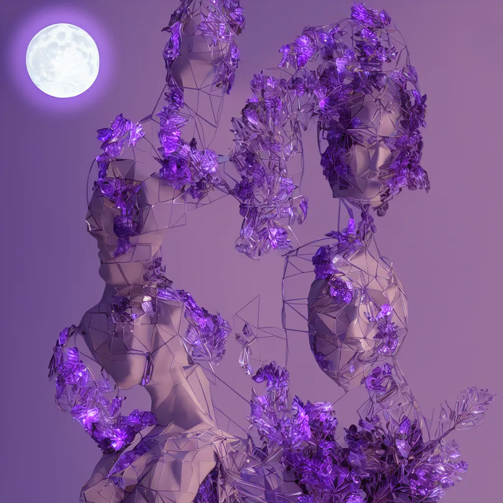 Image similar to beautiful mannequin sculpted out of amethyst by billelis + lit with 3 d geometric neon + facing a doorway opening with neon pink geometric fractal light + flowering hosta plants!!!, moon in background!!, moody, dramatic, rule of thirds, confident, award winning, 4 k, trending on artstation, photorealistic, volumetric lighting, octane render