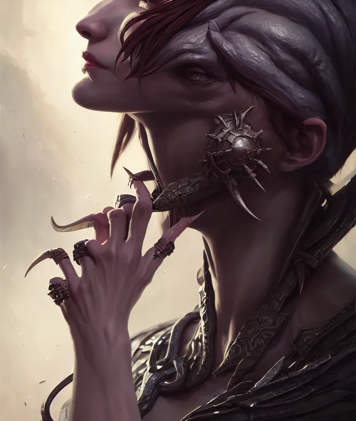 Image similar to a portrait of a dark elf, hyper detailed, digital art, trending in artstation, cinematic lighting, studio quality, smooth render, artgerm, joshua middleton, rafael albuquerque, unreal engine 5 rendered, octane rendered, art style by klimt and nixeu and ian sprigger and wlop and krenz cushart