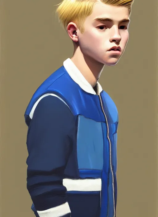 Image similar to portrait of a teenage boy named moose mason, blonde short hair, jock, beefy, square jaw, square facial structure, 1 9 5 0 s, blue varsity jacket, intricate, elegant, glowing lights, highly detailed, digital painting, artstation, concept art, smooth, sharp focus, illustration, art by wlop, mars ravelo and greg rutkowski