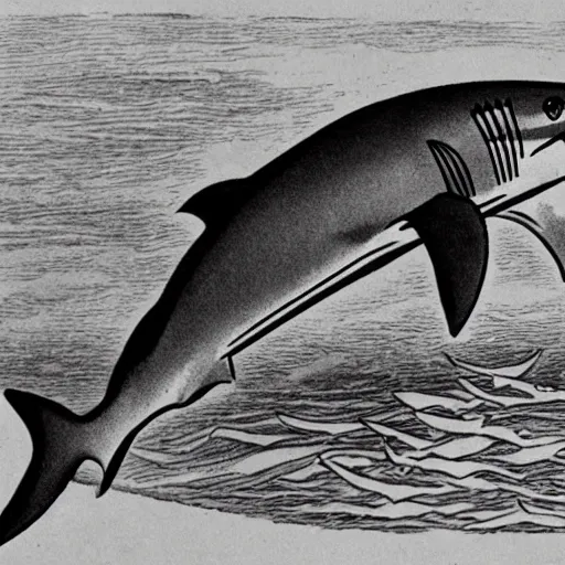 Prompt: a 1 9 2 8 scientific illustration of a shark with human legs walking on the beach