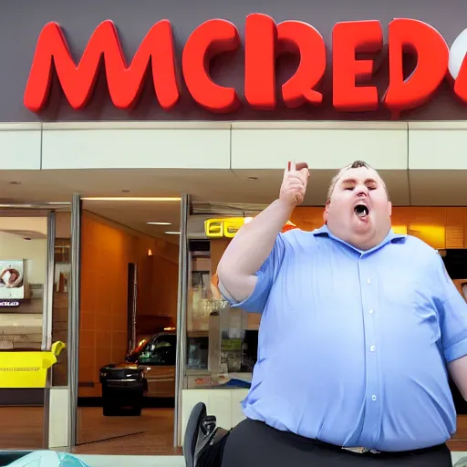 Prompt: heavily overweight person is screaming at the cashier of a mcDrive