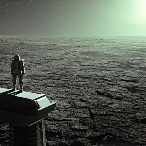 Prompt: a lone figure standing on the edge of a cliff on an alien moon, arcology megastructure stretch across the surface of the moon, cinematic, imax, christopher nolan