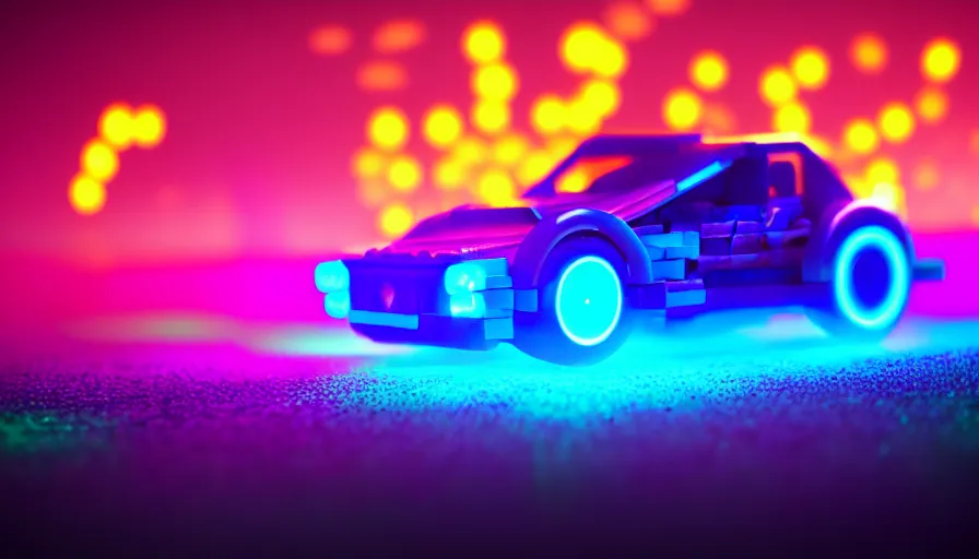 Prompt: luminescent lego car driving on a neon road into the distance with glowing cyberpunk signs leaving long glowing trails, top rear view, dark magical forest, synthwave, octane render, purple fog, futuristic, sunset, purple rays, reflective mirror puddles, beautiful lighting, ultra realistic, highly detailed, 8 k