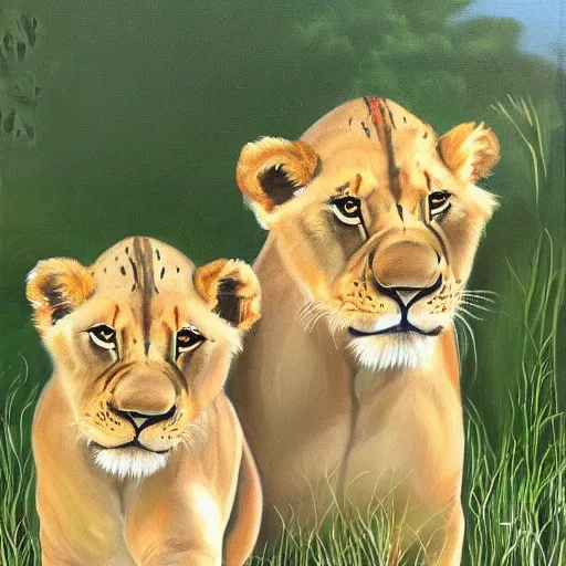 Prompt: a painting of two lion cubs that are symmetrically mirrored because they are the same lion