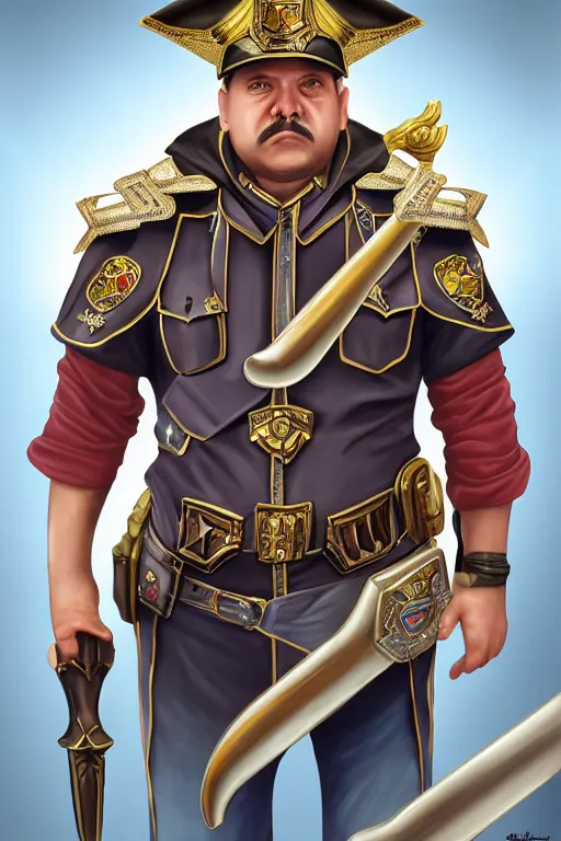 Image similar to high elf mall cop with a sheriff's badge that is fat, shifty, and incompetent, RPG portrait from the chest up, Oil Painting, hyperrealistic, Detailed Digital Art, dynamic lighting, Highly Detailed, Cinematic Lighting, 8k, HD