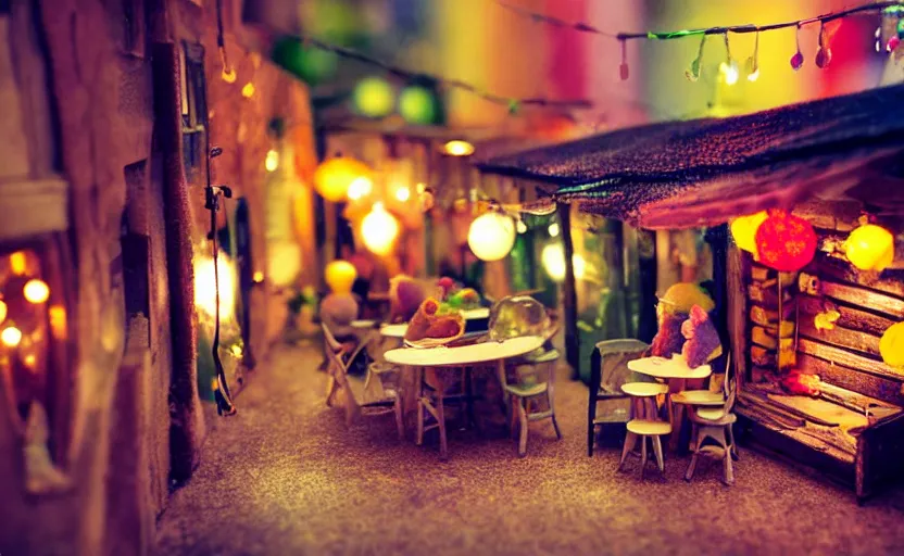 Prompt: mini cafe diorama macro photography, alleyway, cafe for felted animals, ambient, colorful paper lanterns, atmospheric photograph, string lights, romantic