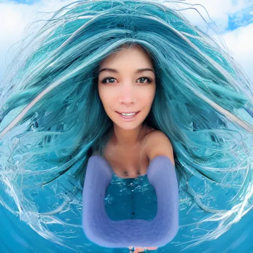 Image similar to Selfie!!!!! of a woman with gorgeous hair flowing in the wind, in the middle of the ocean!!!!!, first-person view, fisheye!!!!! lens!!!!!, photorealistic image, trending on artstation, 4k, 8k