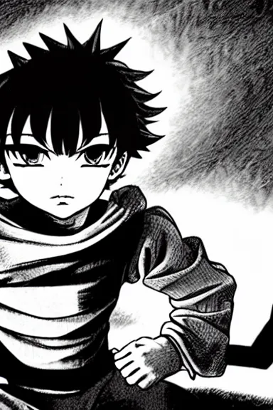 Image similar to attractive little boy in cat suit, black and white artwork made by kentaro miura and yoshihiro togashi and ilya kuvshinov