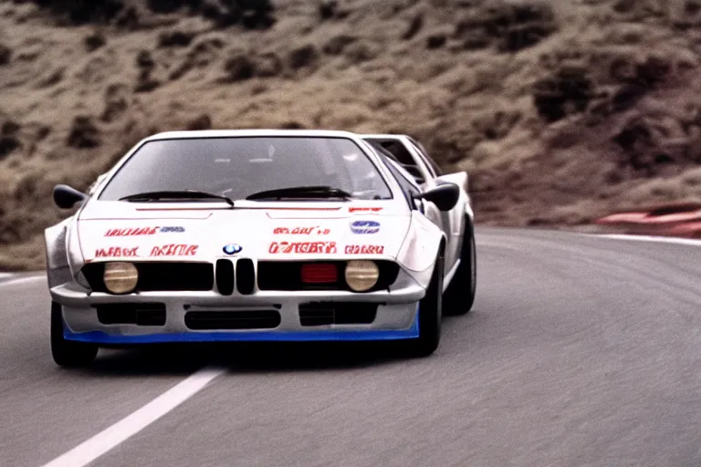 Image similar to BMW M1 Stratos, movie still, speed, cinematic Eastman 5384 film