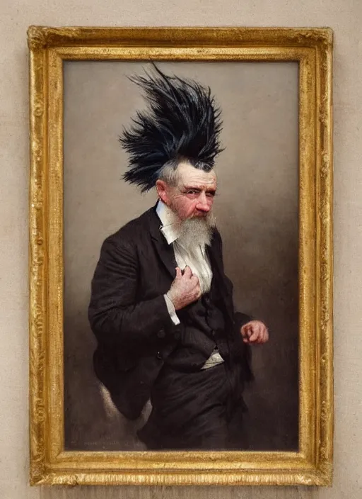 Prompt: a portrait of old man with a pink mohawk by edouard bisson, punk rock, oil painting, muted colours, soft lighting