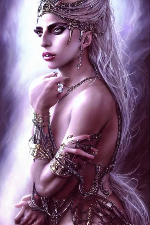 Image similar to Lady Gaga as a beautiful Goddess, fantasy, portrait, sharp focus, intricate, elegant, digital painting, artstation, matte, highly detailed, concept art, illustration, ambient lighting, art by Luis Royo