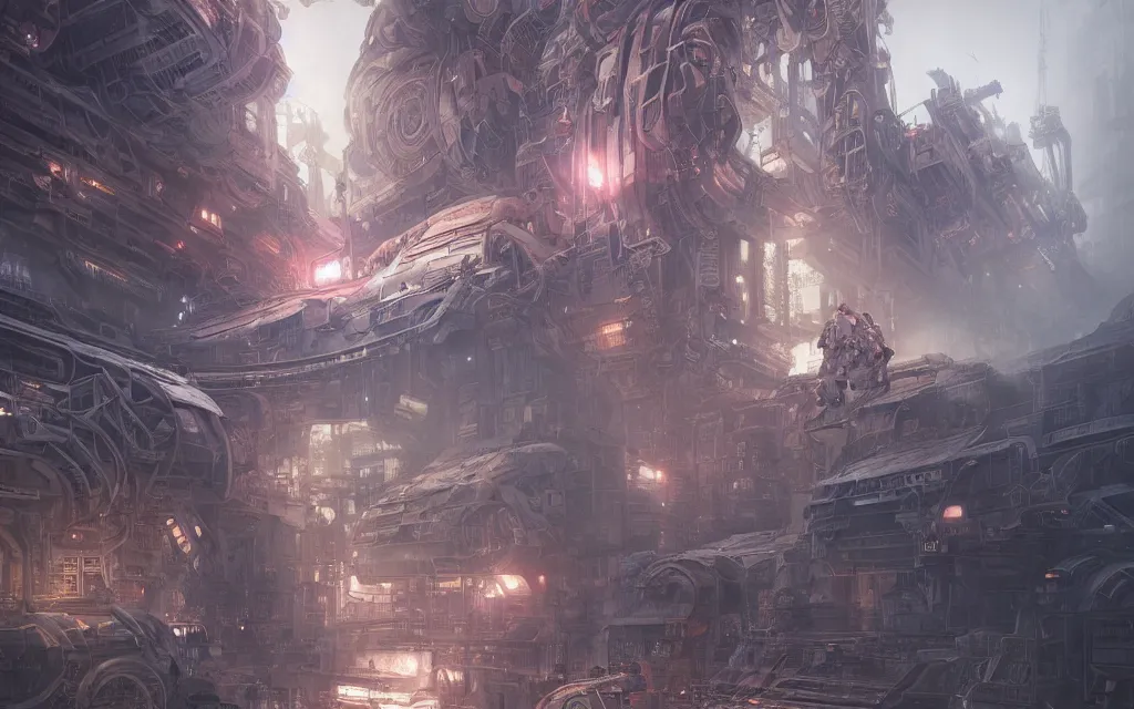 Image similar to gigantic mechanic megastructure, warhammer, cyberpunk, intricate, elegant, highly detailed, digital painting, artstation, concept art, smooth, sharp focus, octane render, dramatic lighting, volumetric lighting, cinematic lighting, art by artgerm and greg rutkowski and alphonse mucha and zdislav beksinski and wayne barlowe