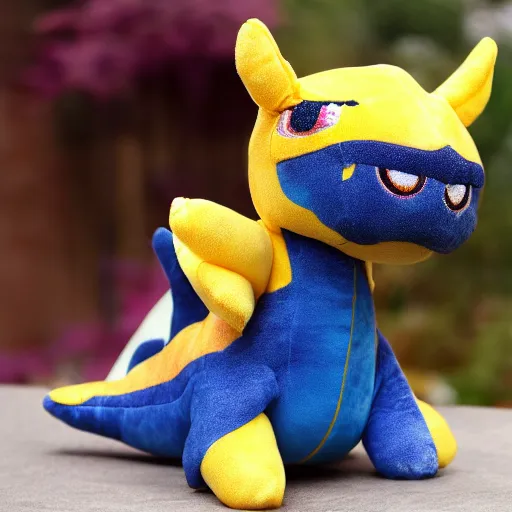 Prompt: a yellow dragon plushie, yawning, sleepy, it has a label on its thigh with a cute little heart on it