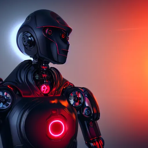 Image similar to a robot, with dark glowing red eyes, wearing a dark hood and cloak, dramatic lighting, cinematic, Unreal Engine render, 8k