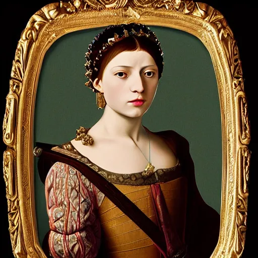 Image similar to portrait, headshot, digital painting, of a 15th century, beautiful princess, completely incased in a quarter inch thick clear plastic shell, light hair, precious jewels, baroque, ornate clothing, scifi, Space esploration, realistic, hyperdetailed, underexposed, chiaroscuro, art by caravaggio and gerome