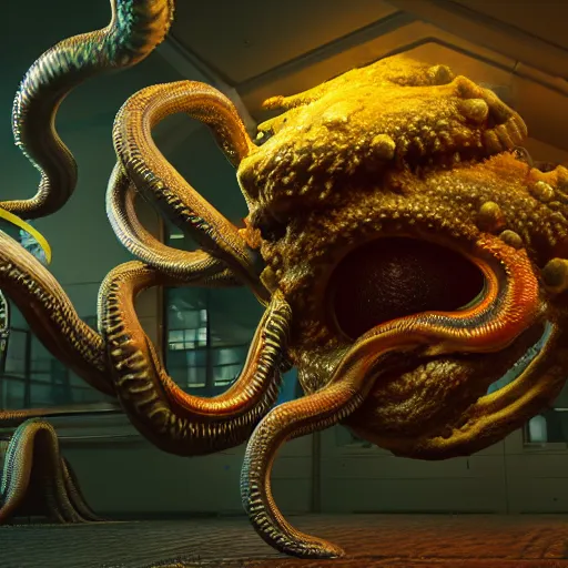 Prompt: monster made of tentacles eyes and mouths escaping from a lab, hyperdetailed, photorealistic, 3 d, unreal engine, octane render, artstation, volumetric light, raytracing