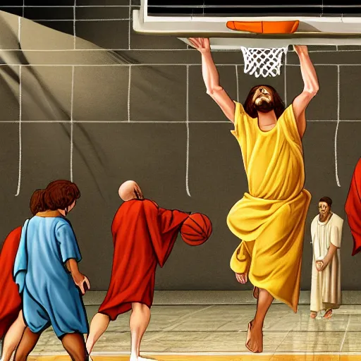 Image similar to Jesus wearing robes dunks a ball in the net while in a basketball court, hd