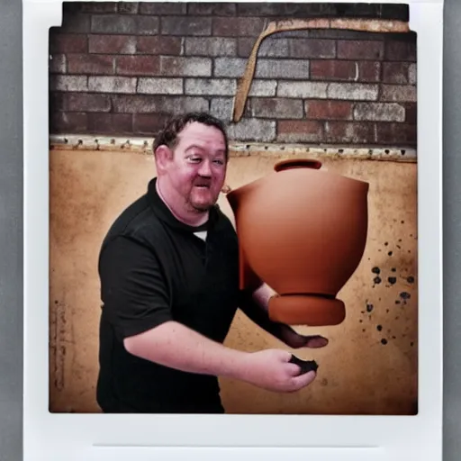 Prompt: johnny vegas making a very large clay teapot, polaroid, art school, studio, photorealistic