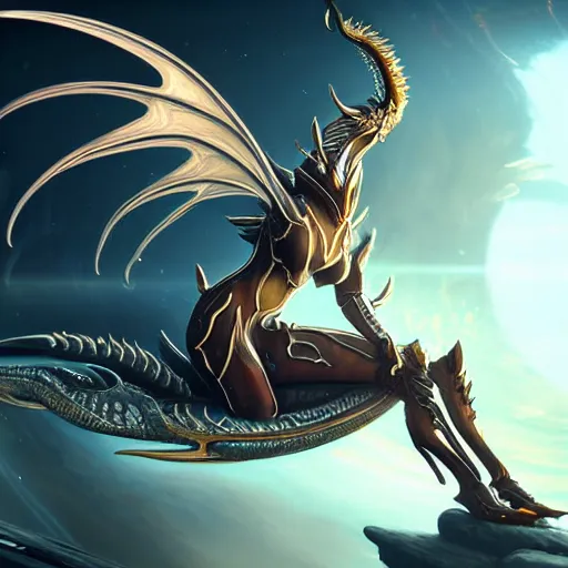 Image similar to highly detailed exquisite fanart, of a beautiful female warframe, but as a dragon, elegant cinematic pose, sitting on top of a cryopod, inside a spaceship, epic cinematic shot, sharp clawed perfectly designed hands, professional digital art, high end digital art, captura, DeviantArt, artstation, Furaffinity, 8k HD render